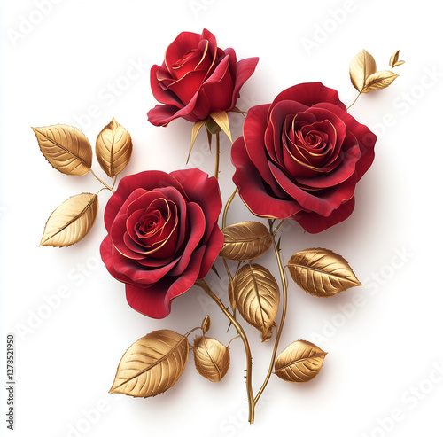 3D realistic red roses with gold leaves on a white background