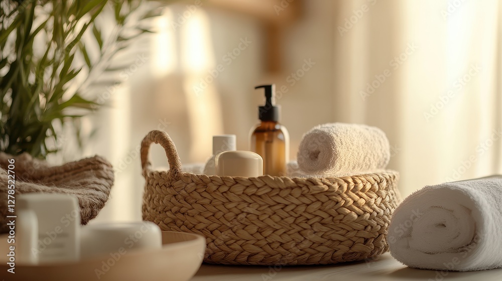 Cozy spa essentials in a woven basket with towels and products Cozy spa essentials in a woven basket with towels and products