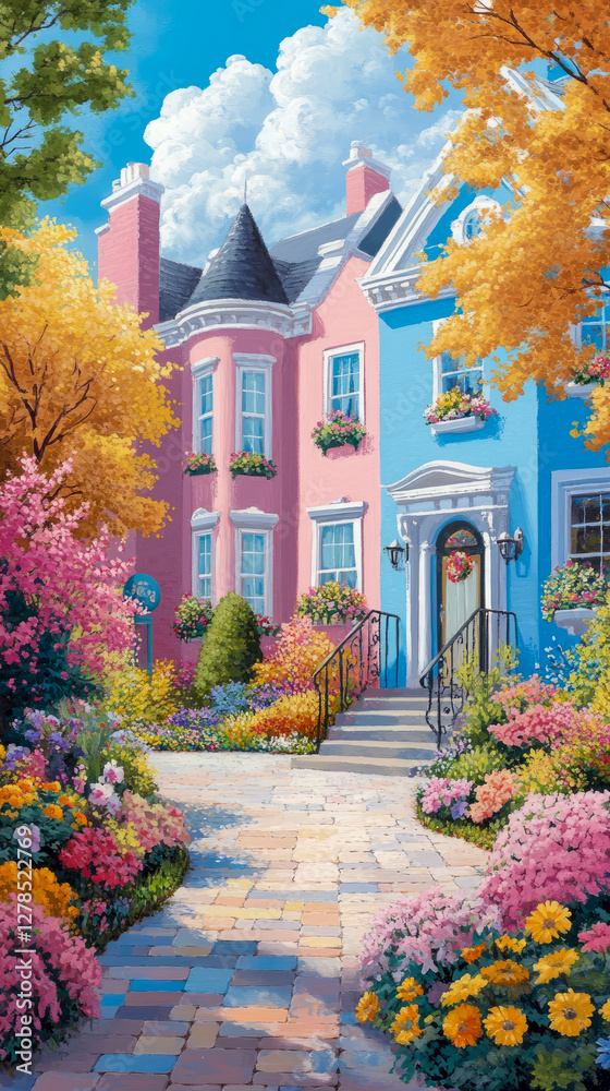 Obraz premium Colorful Houses in Spring: Charming facade of pink and blue building with flowers and sky, perfect for a whimsical print or card