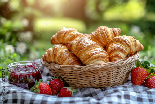 Cozy morning picnic setup on a checkered blanket with fresh croissants, strawberries, and jam photo