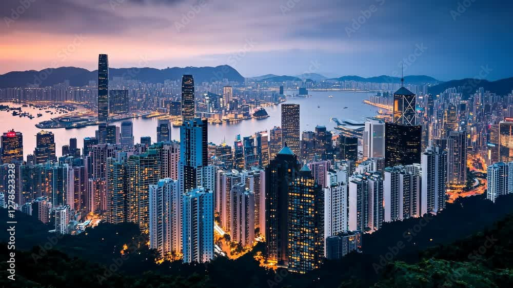 Vibrant city skyline of Hong Kong during twilight with illuminated buildings and a harbor view