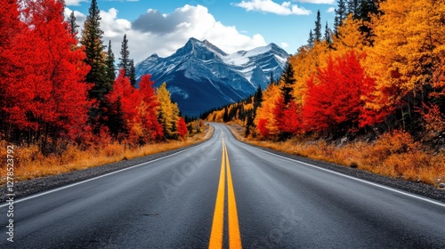Fall foliage road in Banff National Park, vibrant red and orange leaves, picturesque mountain backdrop, crisp autumn air