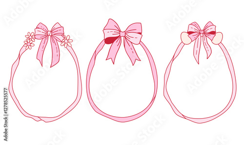 Egg shaped pink ribbon frames set with coquette bow. Spring Holiday trendy borders collection. Vintage girly elements for greeting cards, invitations, social media. Whimsical design for Happy Easter