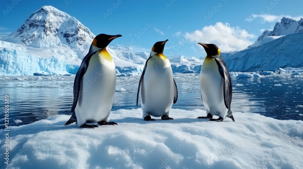 Fototapeta premium Frozen landscape with penguins roaming, vast Antarctic terrain, extreme weather conditions, beautifully captured wildlife moment