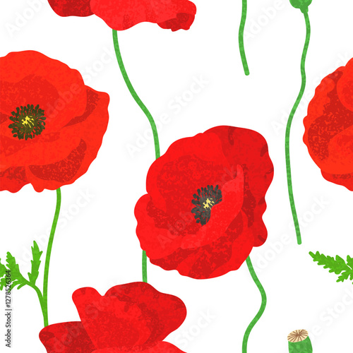 Vector Floral Seamless Pattern with Colorful Textured Illustrations of Red Poppies on White Background