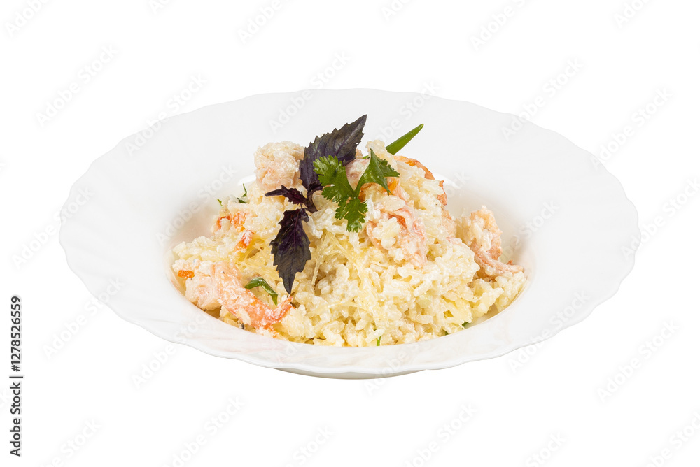 Shrimp rice on a white plate on a white background Shrimp rice on a white plate on a white background