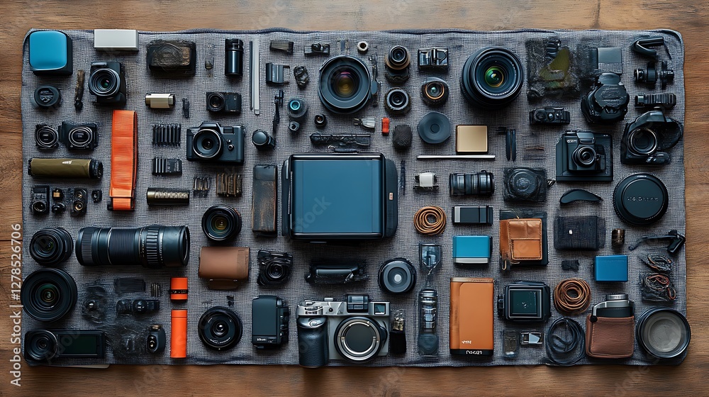 An overhead shot of a large collection of vintage camera equipment and accessories on a gray cloth and wooden table An overhead shot of a large collection of vintage camera equipment and accessories on a gray cloth and wooden table