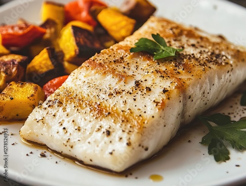 Pan-seared sea bass fillet with crispy golden skin, served on a white ceramic plate with roasted vegetables