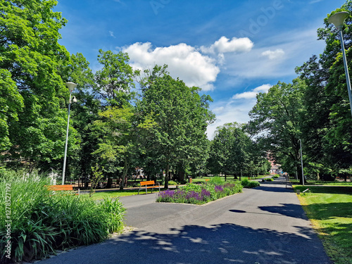 City park with flowerbeds and benches for relaxing. City of Ústí nad Labem, Czech Republic, Europe. photo