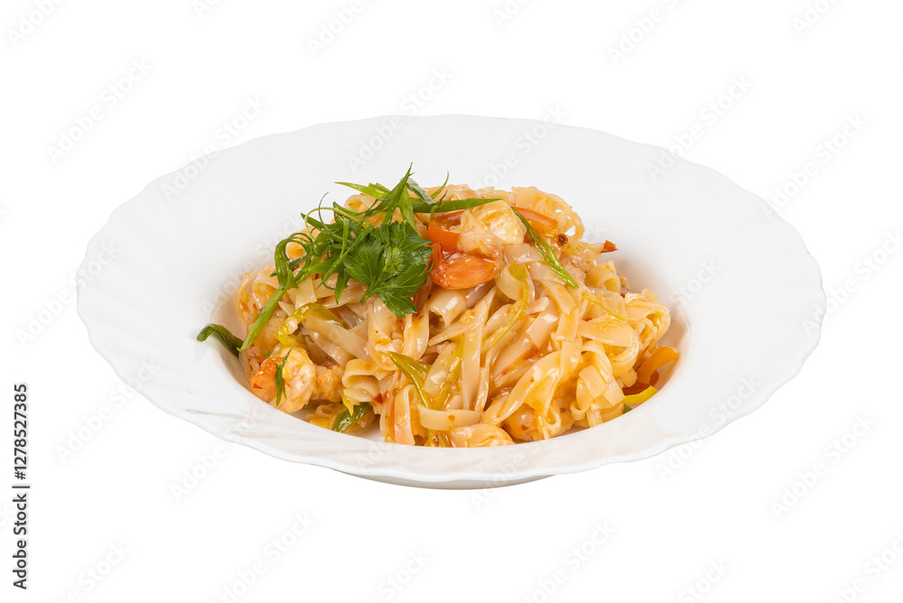A white plate with noodles and vegetables on a white background A white plate with noodles and vegetables on a white background