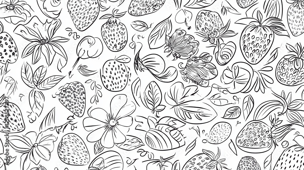 Fototapeta premium Beautiful Black and White Strawberry and Flower Pattern Design