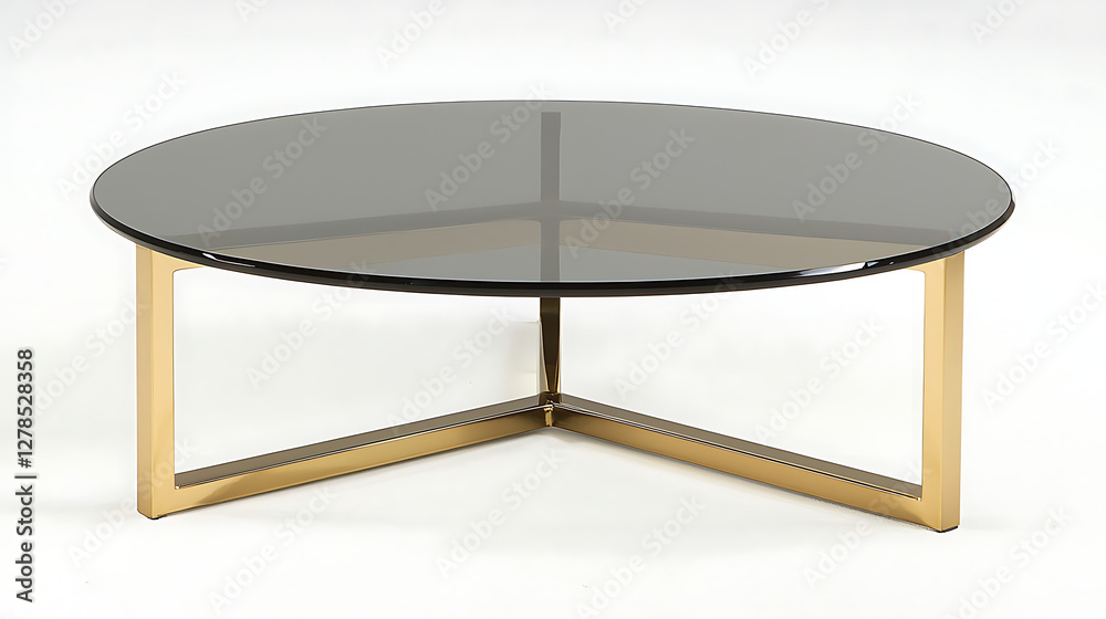 A small modern coffee table with a round glass top and gold-finished metal legs, on white background.
A small modern coffee table with a round glass top and gold-finished metal legs, on white background.