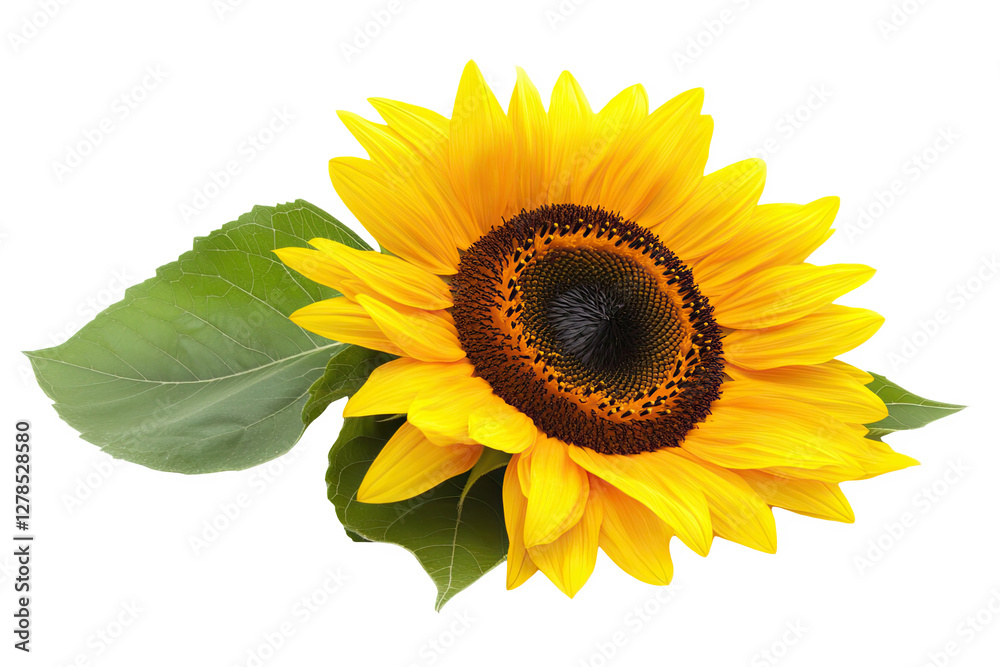 Obraz premium Vibrant Yellow Sunflower with Green Leaves Isolated on Transparent Background