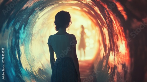 Woman Walking Through a Surreal Tunnel of Light and Color