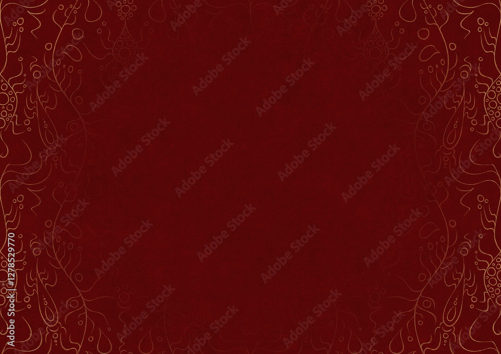 Deep red textured paper with vignette of golden hand-drawn pattern. Copy space. Digital artwork, A4. (pattern: p13-1b) Deep red textured paper with vignette of golden hand-drawn pattern. Copy space. Digital artwork, A4. (pattern: p13-1b)