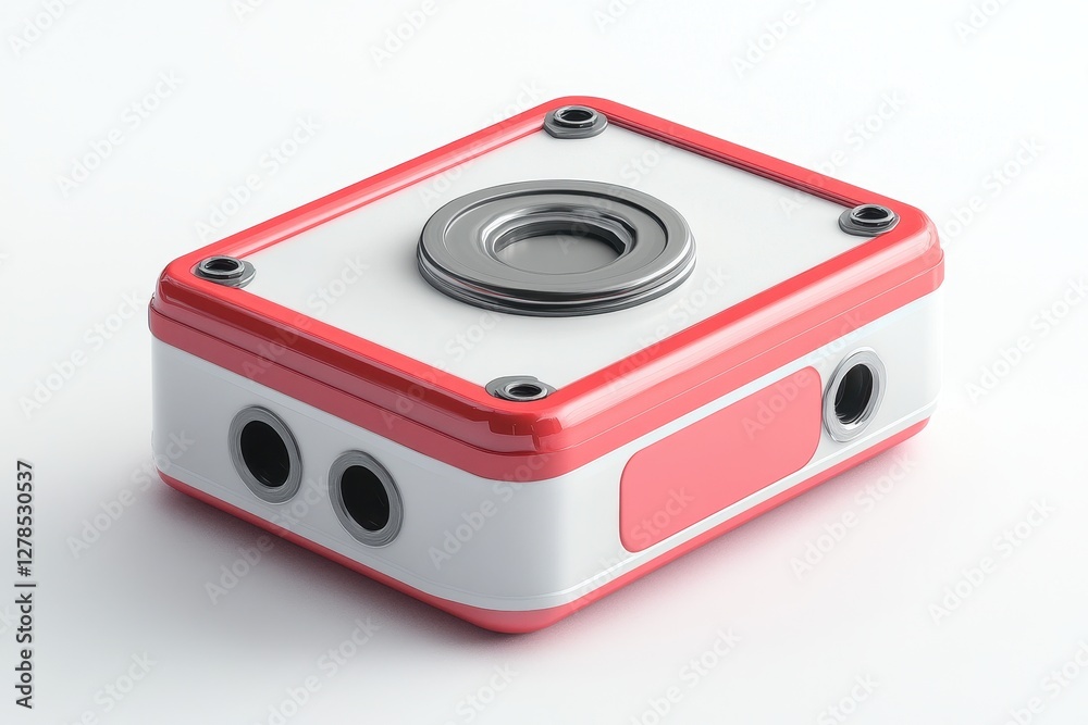 Unique Red and White Camera Device with Lens and Buttons Design Unique Red and White Camera Device with Lens and Buttons Design