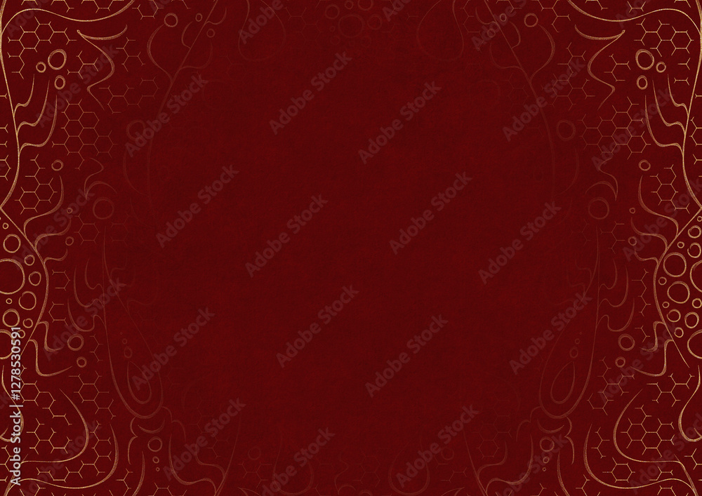 Deep red textured paper with vignette of golden hand-drawn pattern. Copy space. Digital artwork, A4. (pattern: p13-2a) Deep red textured paper with vignette of golden hand-drawn pattern. Copy space. Digital artwork, A4. (pattern: p13-2a)