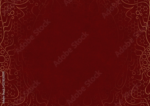 Deep red textured paper with vignette of golden hand-drawn pattern. Copy space. Digital artwork, A4. (pattern: p13-2a)