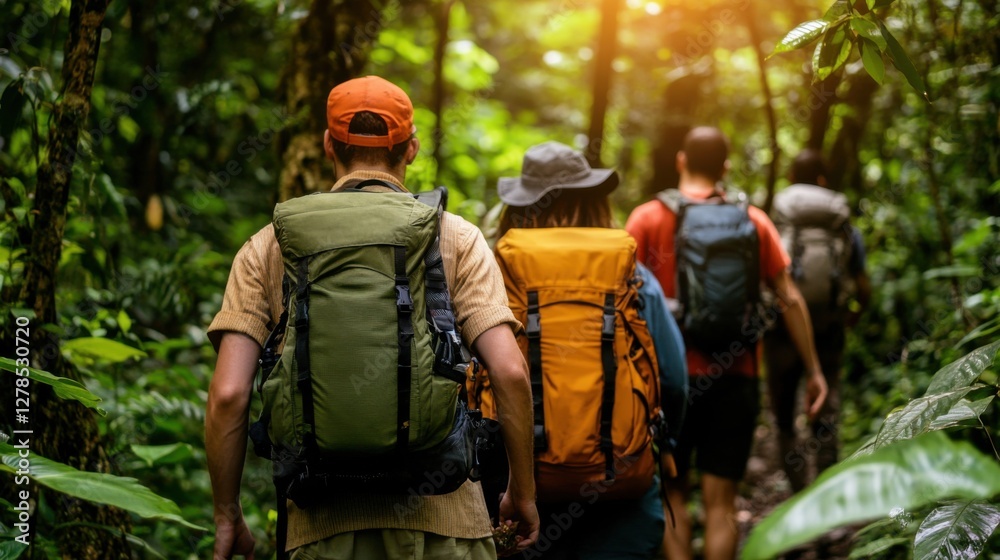 Fototapeta premium Group of friends hiking in the forest, lush green trees, sunlight filtering through the canopy, relaxed and adventurous atmosphere