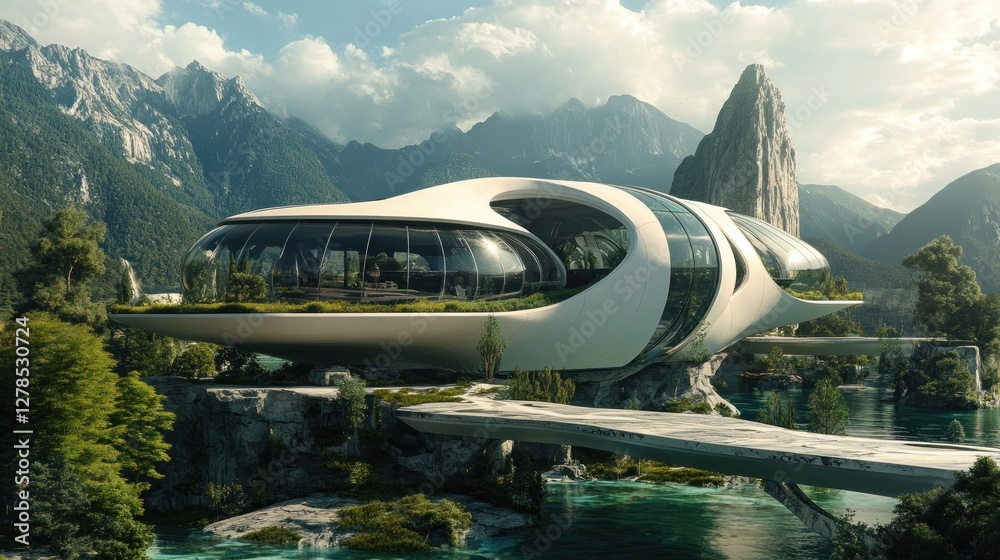 Fototapeta premium Futuristic Mountaintop Villa: A Stunning Architectural Marvel