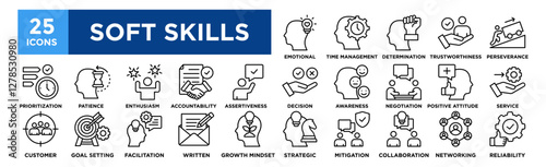 Soft Skills icon collection set. Containing design Emotional Intelligence, Time Management, Determination, Trustworthiness, Perseverance