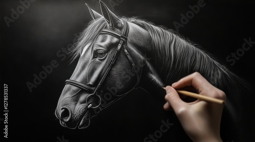 Detailed Hand Drawing of a Magnificent Black Horse Portrait photo