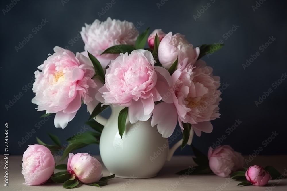 Pink peonies in white ceramic vase with fallen petals on wooden table against dark background Pink peonies in white ceramic vase with fallen petals on wooden table against dark background