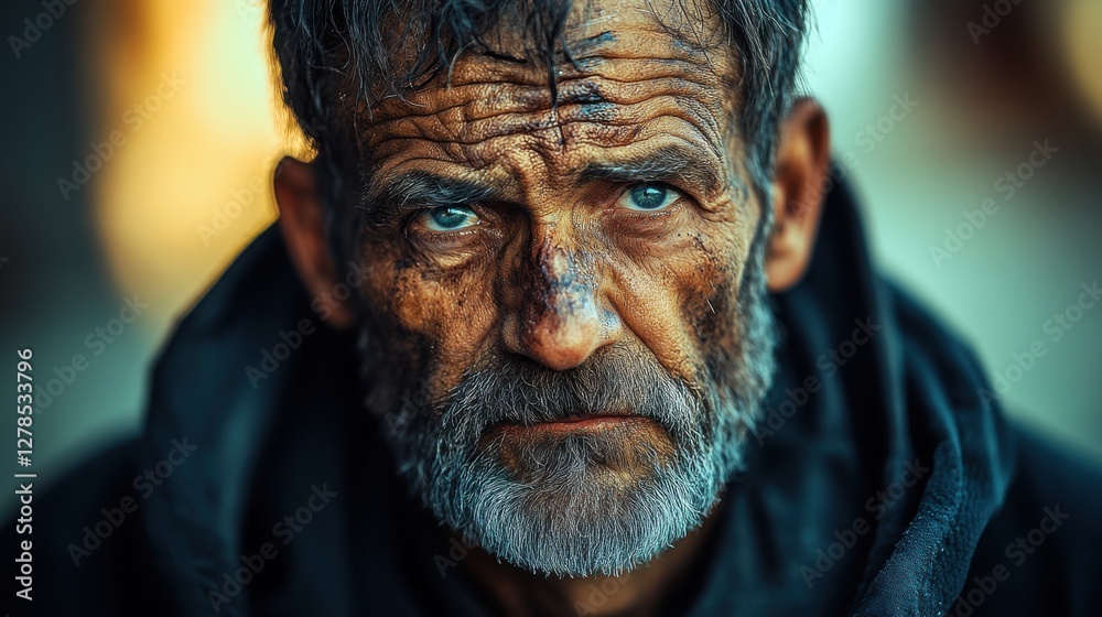 Weathered man gazes intently with rich blue eyes, reflecting the struggles of life and time in a vivid portrait of resilience and hardship Weathered man gazes intently with rich blue eyes, reflecting the struggles of life and time in a vivid portrait of resilience and hardship