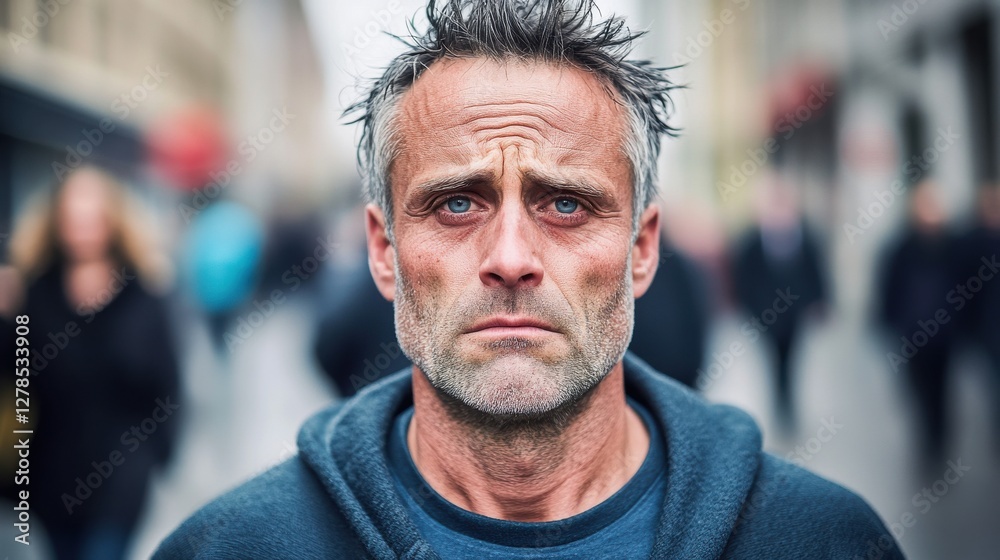 Man with intense expression walking through a crowded city street on a gray day while lost in thought Man with intense expression walking through a crowded city street on a gray day while lost in thought