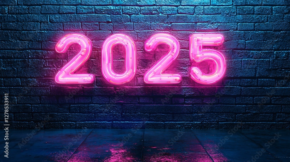 Obraz premium Celebrate 2025 with vibrant pink neon numbers against a dark blue brick wall. Modern, urban design ideal for New Year, future events, and tech promotions. Copy space included.