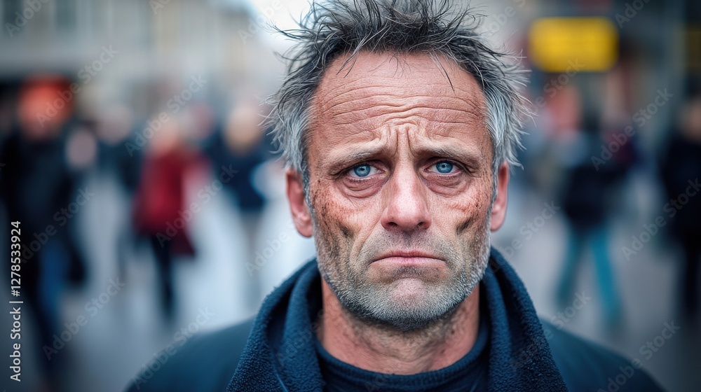 Displaced man with blue eyes stands amidst a busy city street, expressing deep sorrow and resilience after hardship