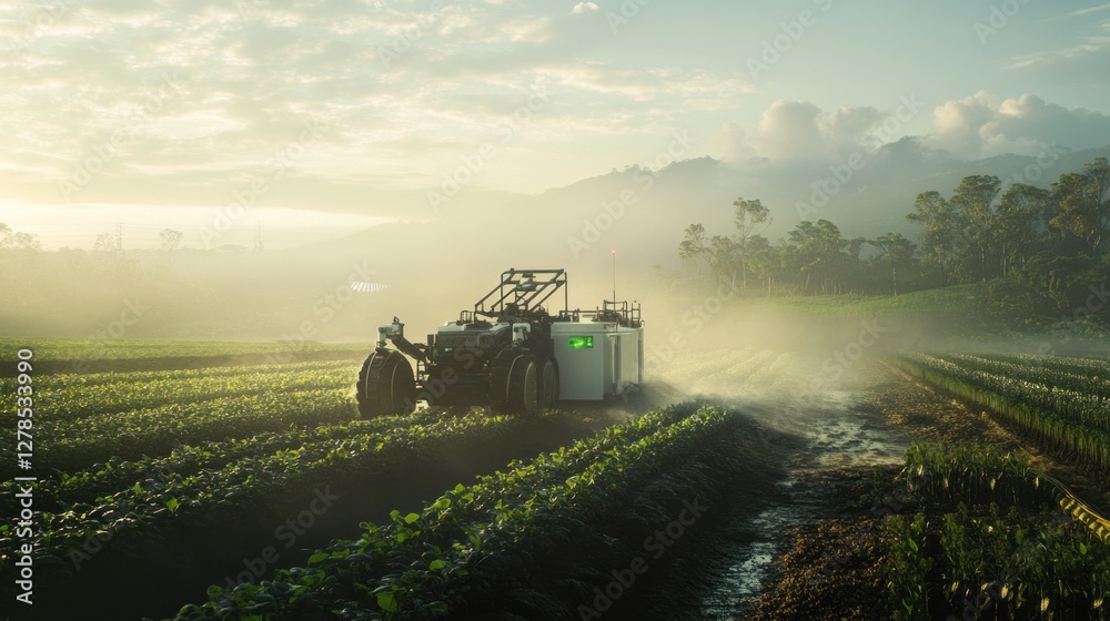 Fototapeta premium Agricultural Robot in Mist-Shrouded Field at Dawn