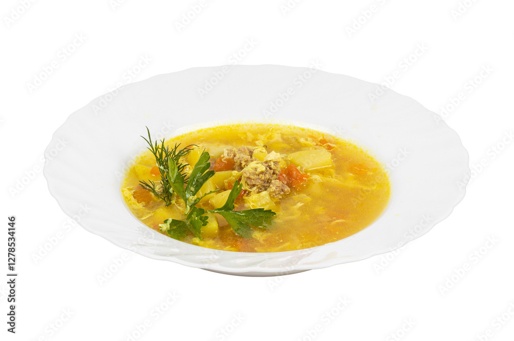 A bowl of meatball soup with vegetables on a white background A bowl of meatball soup with vegetables on a white background