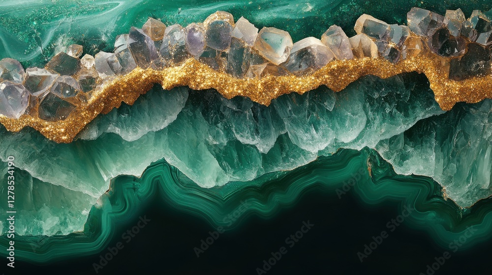 Obraz premium Natural formation of green agate with golden crystals and purple accents showcases unique mineral diversity and beauty in a tranquil setting