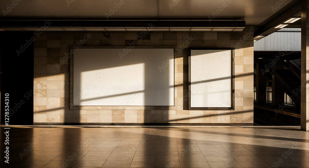 Fototapeta premium Blank Billboards on a Quiet Subway Platform with Warm Sunlight