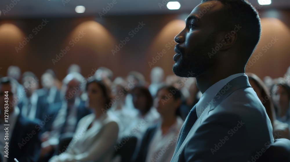 Fototapeta premium Engaging business conference with professionals listening attentively in a modern auditorium setting