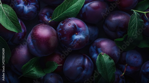 Fresh plums with green leaves arranged on a dark background during autumn harvest season