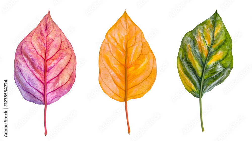 Fototapeta premium Autumn leaves transitioning, vibrant colors blending against transparent backdrop