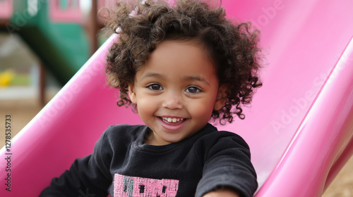 A delightful toddler girl with short, curly hair sliding down a pink playground slide, her excitement visible as she reaches the bottom, ready to climb up again.