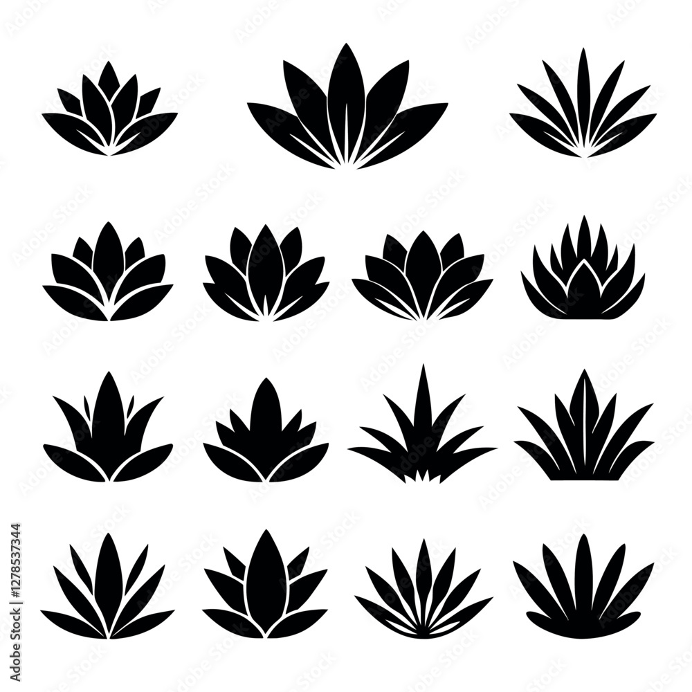 Set of Black and White Silhouettes of Lotus and Agave Plants Set of Black and White Silhouettes of Lotus and Agave Plants