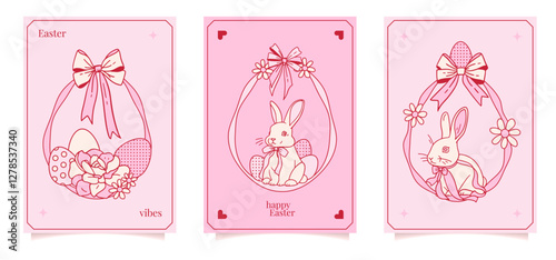 Hand drawn Easter cards or posters set with coquettish pink ribbon frame baby Easter hare, rabbit with eggs and flowers. Nursery print, vintage doodle border decoration, girly retro design. Vector