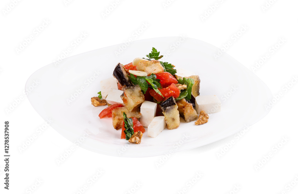 A white plate topped with a vibrant salad of fresh veggies and nuts A white plate topped with a vibrant salad of fresh veggies and nuts