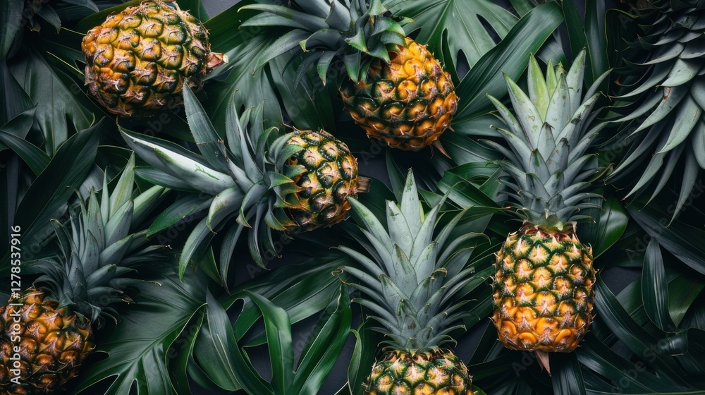 Fresh pineapples arranged among lush green leaves in a vibrant display highlighting tropical fruit Fresh pineapples arranged among lush green leaves in a vibrant display highlighting tropical fruit