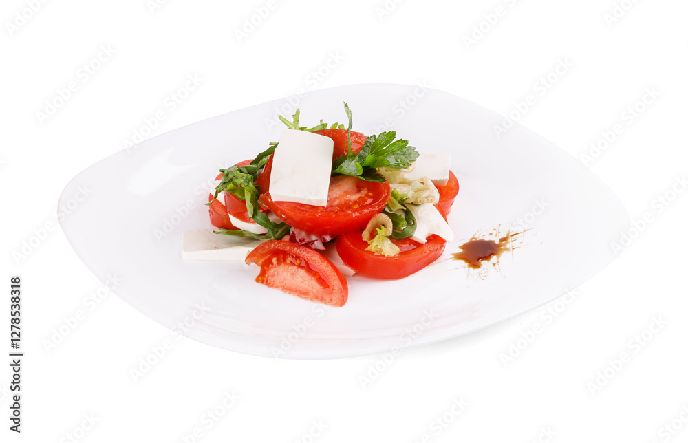 A white plate with tomatoes and cheese on a white background A white plate with tomatoes and cheese on a white background