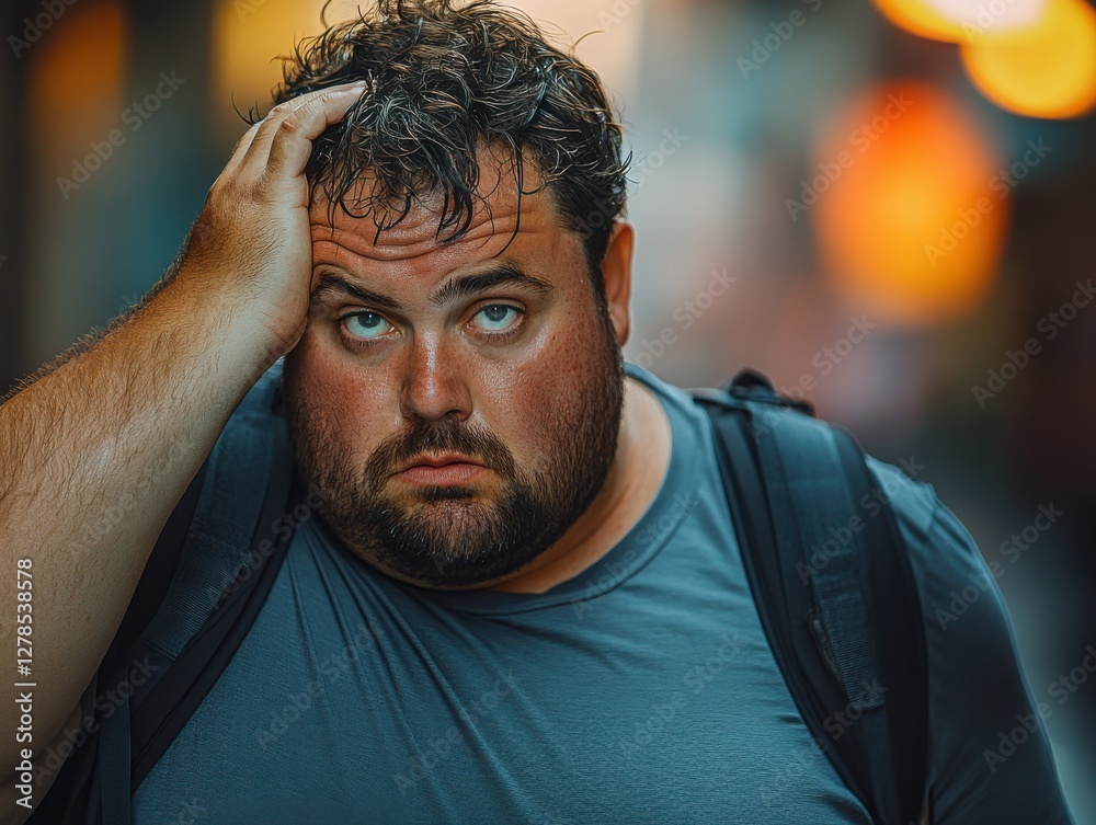 Individual displaying a puzzled expression while walking through a bustling urban area in the evening hours, reflecting a mix of confusion and concern Individual displaying a puzzled expression while walking through a bustling urban area in the evening hours, reflecting a mix of confusion and concern