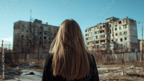 Woman with long hair stands in front of abandoned buildings under a clear sky in a desolate urban setting photo