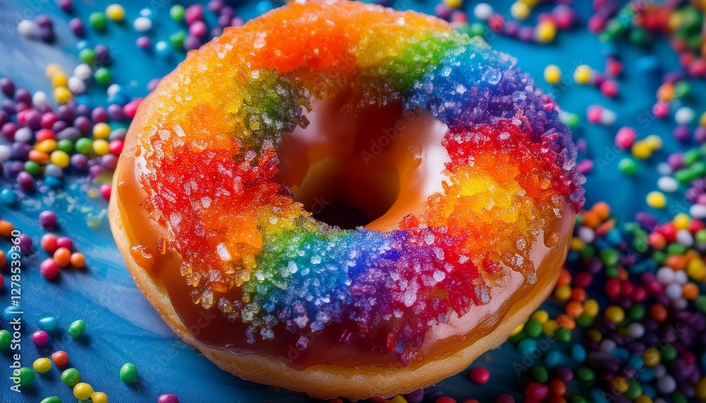 Obraz premium Ultra-detailed close-up of a freshly baked donut, its soft, golden texture topped with a colorful array of bright rainbow sprinkles, creating a vibrant and playful contrast
