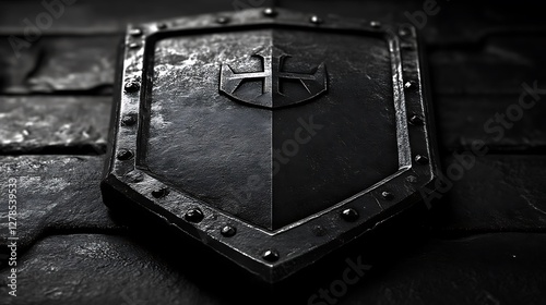 Detailed close-up of a dark metallic shield with a raised anchor symbol in the center
