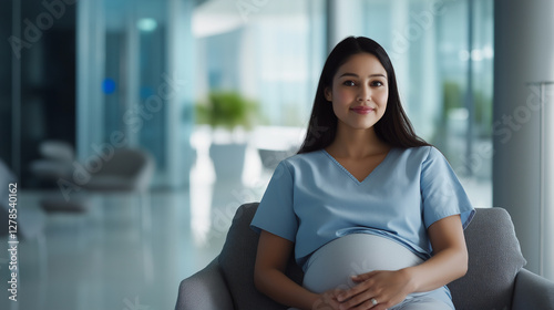 Free Download A modern hospital room bathed in natural light, where a pregnant woman reclines comfortably, looking at the camera as a caring nurse places a gentle hand on her shoulder. - GFXLoad
