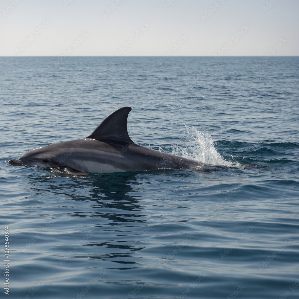 Obraz premium A dolphin’s dorsal fin cutting through the calm ocean, set against a pure white background.